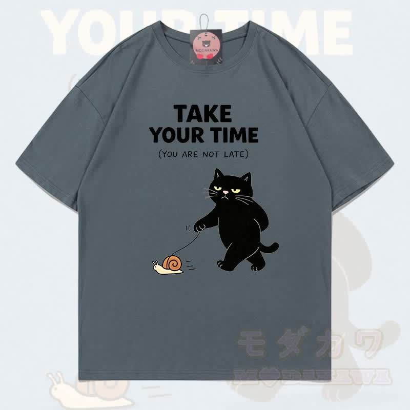 MODAKAWA TAKE YOUR TIME Katzenmotiv T-Shirt aus 100 % Baumwolle - Grau - 5XL - image 14