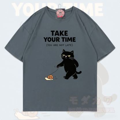 MODAKAWA TAKE YOUR TIME Katzenmotiv T-Shirt aus 100 % Baumwolle - Grau - 5XL - image 14
