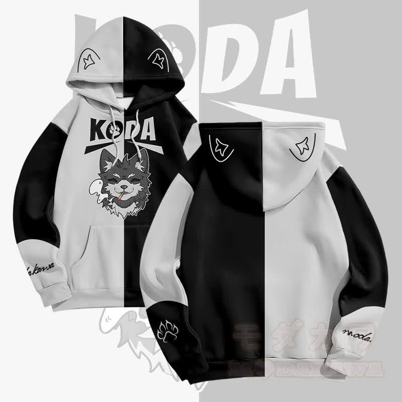 MODAKAWA KODA Pullover-Hoodie mit rauchendem Welpenmotiv und Allover-Print - Grau & Schwarz - 5XL - image 3