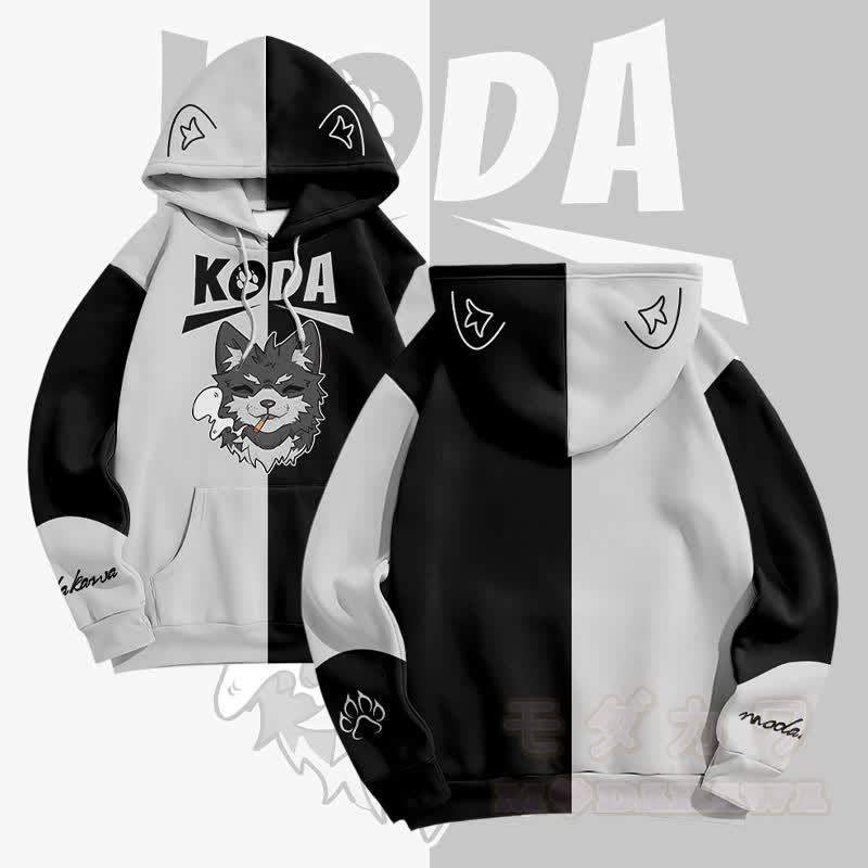 MODAKAWA KODA Pullover-Hoodie mit rauchendem Welpenmotiv und Allover-Print - Grau & Schwarz - 5XL - image 3