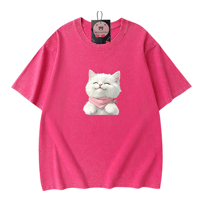 Modakawa Unisex Vintage T-Shirt mit weißer Katzengrafik - Rose Red - 5XL - image 7