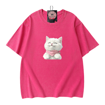 Modakawa Unisex Vintage T-Shirt mit weißer Katzengrafik - Rose Red - 5XL - image 7