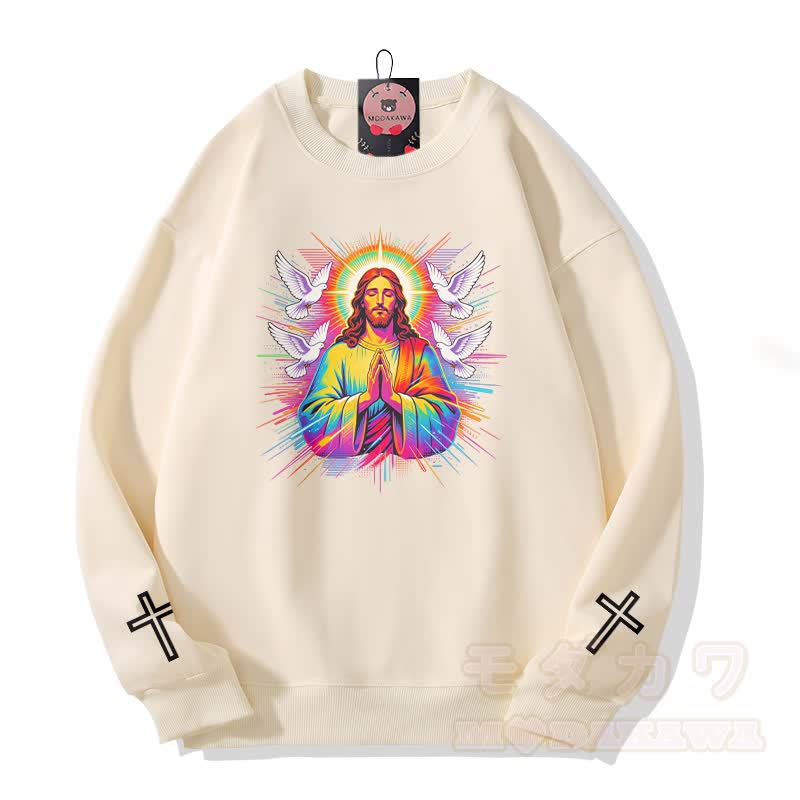 Modakawa Sweatshirt mit Regenbogen-Gebetstauben-Kreuz-Grafik - Beige - 5XL - image 3