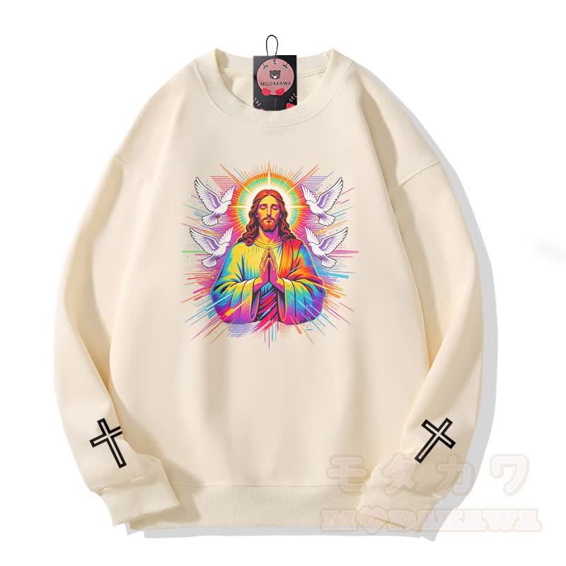 Modakawa Sweatshirt mit Regenbogen-Gebetstauben-Kreuz-Grafik - Beige - 5XL - image 3