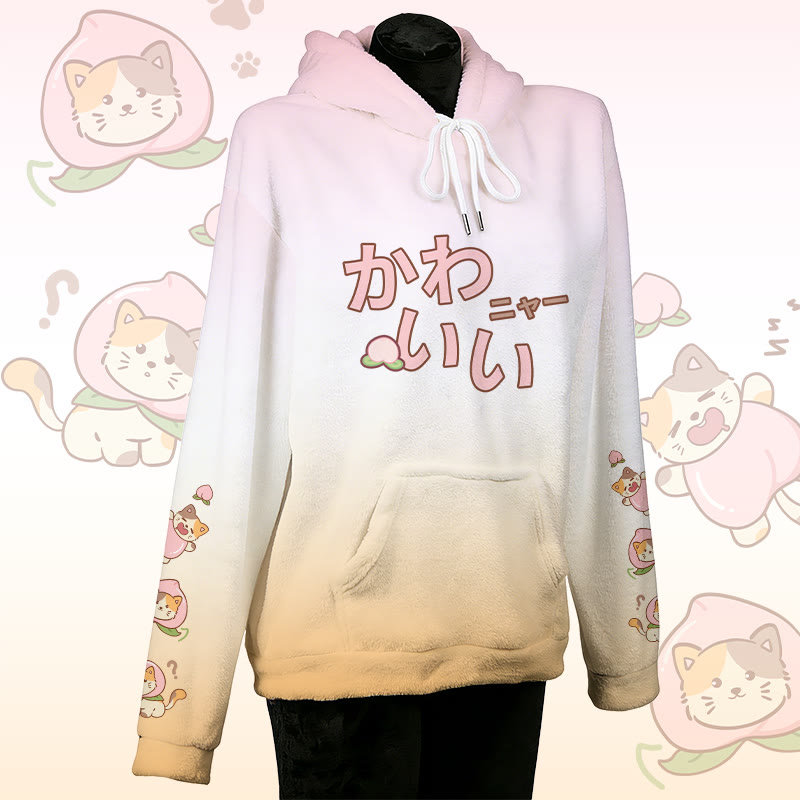 MODAKAWA Farbverlauf-Pfirsichfarbener Katzen-Plüschhoodie mit Hasenohren - Pink&Orange - 4XL - image 2