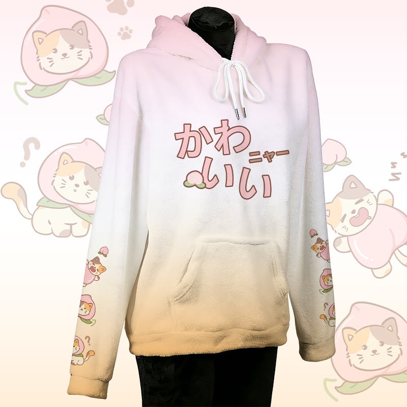 MODAKAWA Farbverlauf-Pfirsichfarbener Katzen-Plüschhoodie mit Hasenohren - Pink&Orange - 4XL - image 2