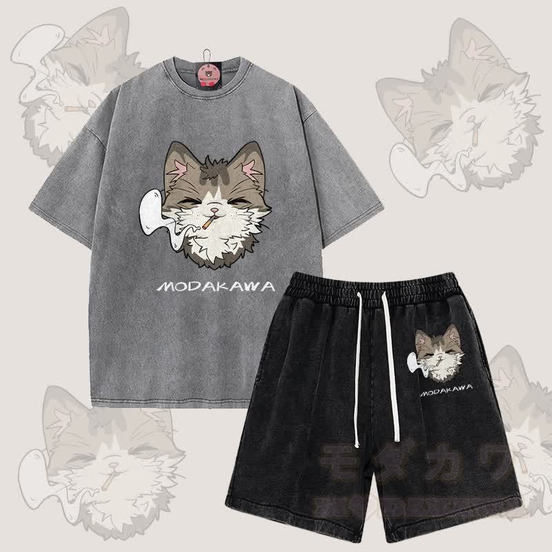 MODAKAWA Smoking Cat Grafik Vintage Washed T-Shirt Shorts Zweiteiliges Set - Grau & Schwarz - 3XL - image 10