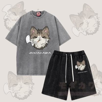 MODAKAWA Smoking Cat Grafik Vintage Washed T-Shirt Shorts Zweiteiliges Set - Grau & Schwarz - 3XL - image 10
