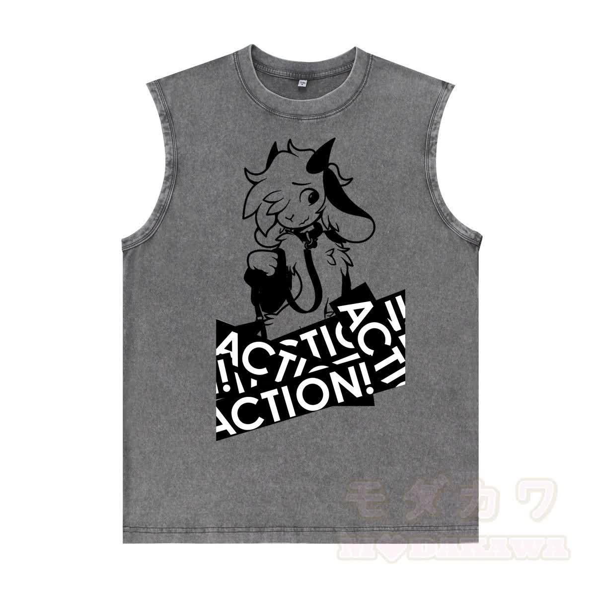 MODAKAWA X zarckets Anime Goat Graphic Unisex Vintage Washed Sleeveless T-shirt - Grau - 2XL - image 5