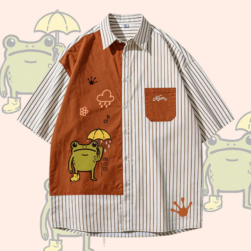 Rainy Frog Graphic Modakawa Farben Block Stripe Oversized Shirt - Brown - 3XL - image 3