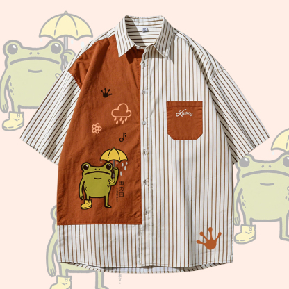 Rainy Frog Graphic Modakawa Farben Block Stripe Oversized Shirt - Brown - 3XL - image 3