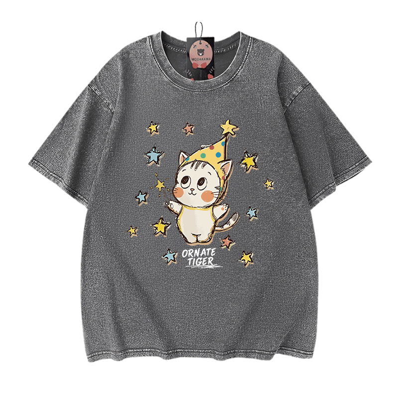 Verzierter Tiger, Stern-Tiger-Grafik, Modakawa Unisex Vintage Washed T-Shirt - Grey - 5XL - image 11
