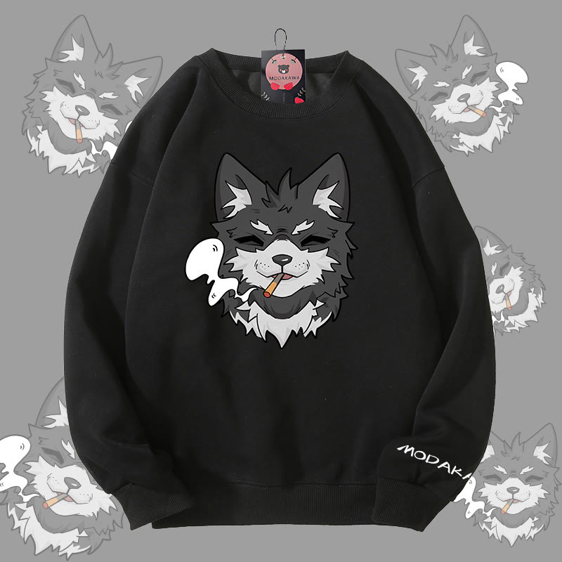MODAKAWA Smoking Puppy Grafik Unisex Sweatshirt - Black - 5XL - image 4