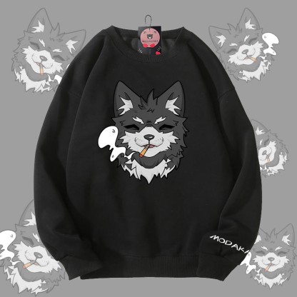 MODAKAWA Smoking Puppy Grafik Unisex Sweatshirt - Black - 5XL - image 4