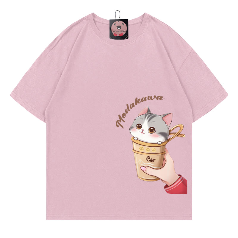 Cup Kitty Letter Print MODAKAWA T-Shirt - Pink - 5XL - image 3