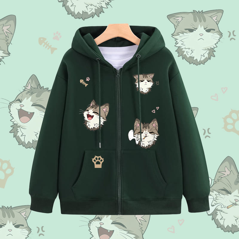 MODAKAWA Kapuzenpullover mit fröhlichem Katzenmotiv und Reißverschluss - Green - 5XL - image 2