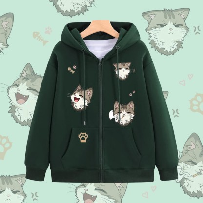 MODAKAWA Kapuzenpullover mit fröhlichem Katzenmotiv und Reißverschluss - Green - 5XL - image 2