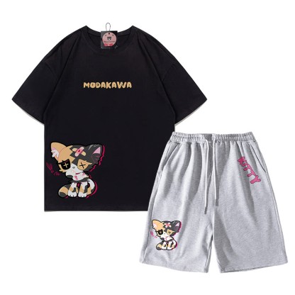 Sad Kitty Grafik Dark Aesthetic T-Shirt Shorts Zweiteiliges Set - Schwarz&Grau - C - 5XL - image 18