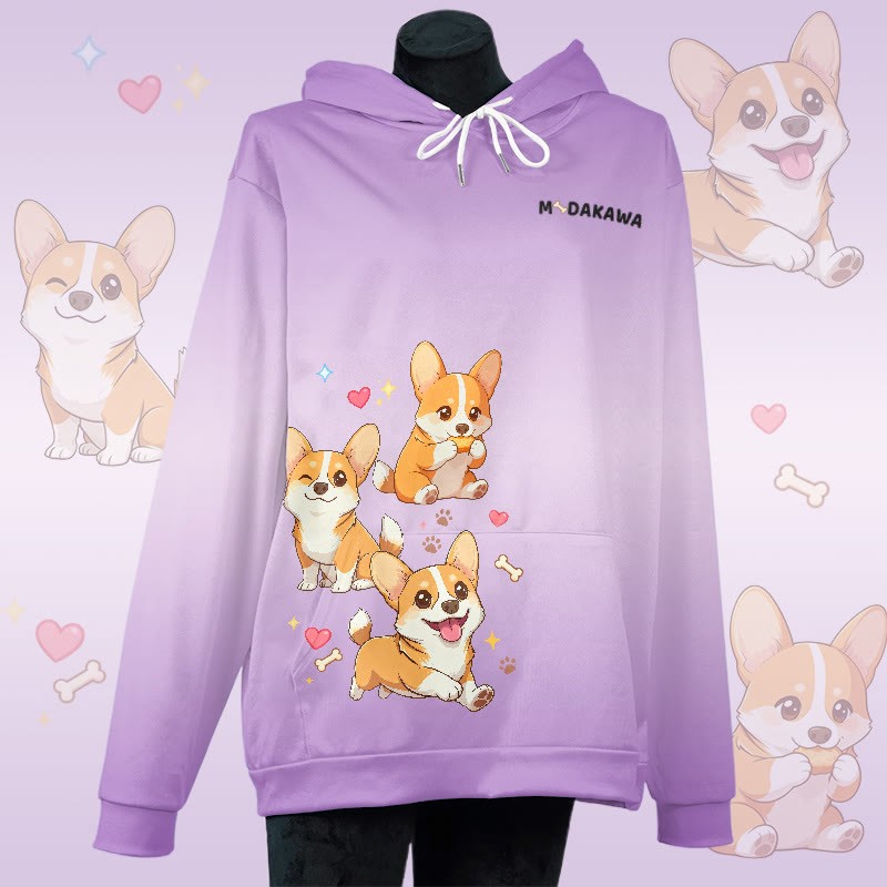 MODAKAWA Pullover-Hoodie mit fröhlichem Corgi-Grafikprint und Farbverlauf - Purple - 8XL - image 4