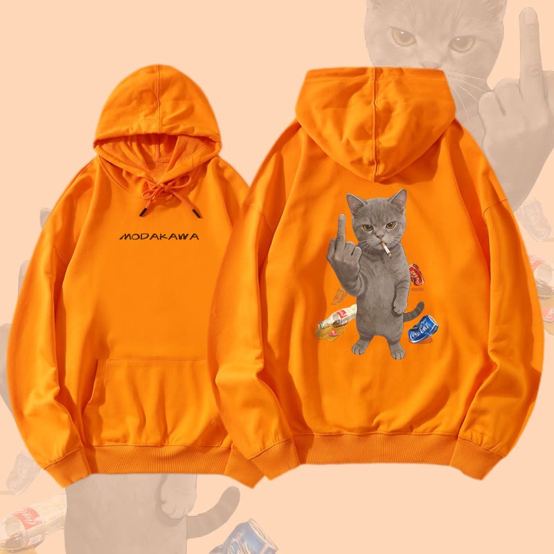 MODAKAWA Defiant Smoking Cat Graphic Baumwollmischung Hoodie - Orange - 5XL - image 2