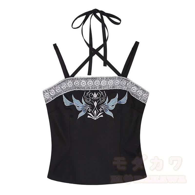 Vintage Pailletten-Schal, blumenbesticktes Camisole-Top und Faltenrock – Dreiteiliges Set - image 6