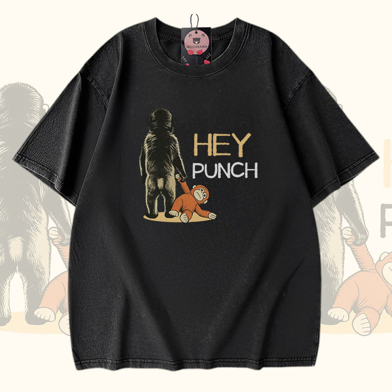 HEY PUNCH Monkey Modakawa Vintage Washed 100% Cotton T-Shirt - Black - 5XL - image 2