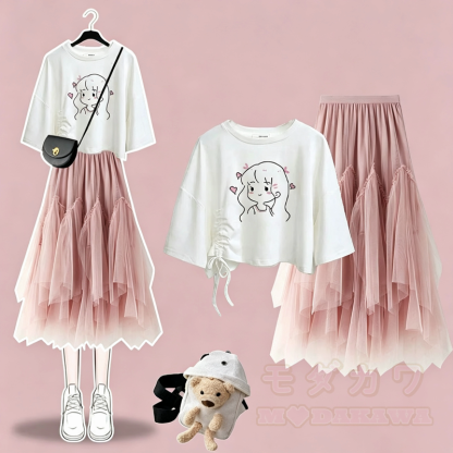 Zweiteiliges Set aus bedrucktem Kurzarm-T-Shirt im College-Stil und asymmetrischem Tüllrock - Pinkes Set D - XL - image 9