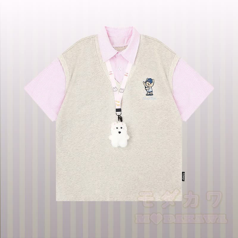 Polo-Shirt mit Welpenstickerei, Streifenmuster und Farben -Design, dazu passendes Outfit von Modakawa - Graues T-Shirt - XL - image 3