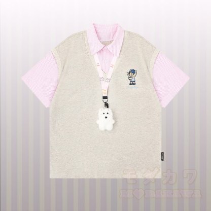 Polo-Shirt mit Welpenstickerei, Streifenmuster und Farben -Design, dazu passendes Outfit von Modakawa - Graues T-Shirt - XL - image 3