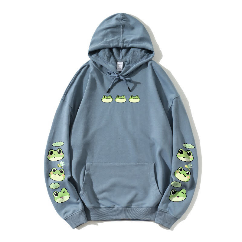 Lockerer Hoodie mit verspieltem Frosch-Print - Dusty Blue - 5XL - image 4