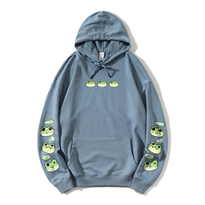 Lockerer Hoodie mit verspieltem Frosch-Print - Dusty Blue - 5XL - image 4