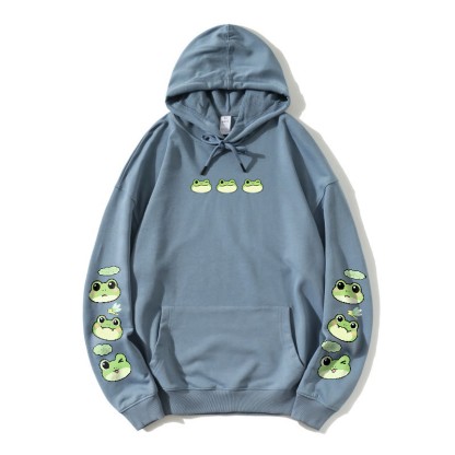 Lockerer Hoodie mit verspieltem Frosch-Print - Dusty Blue - 5XL - image 4