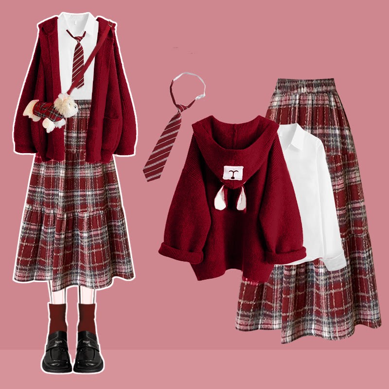 Hemd, Krawatte, Karorock, Bärenohren-Pullover, vierteiliges Set - Rot - XL - image 4