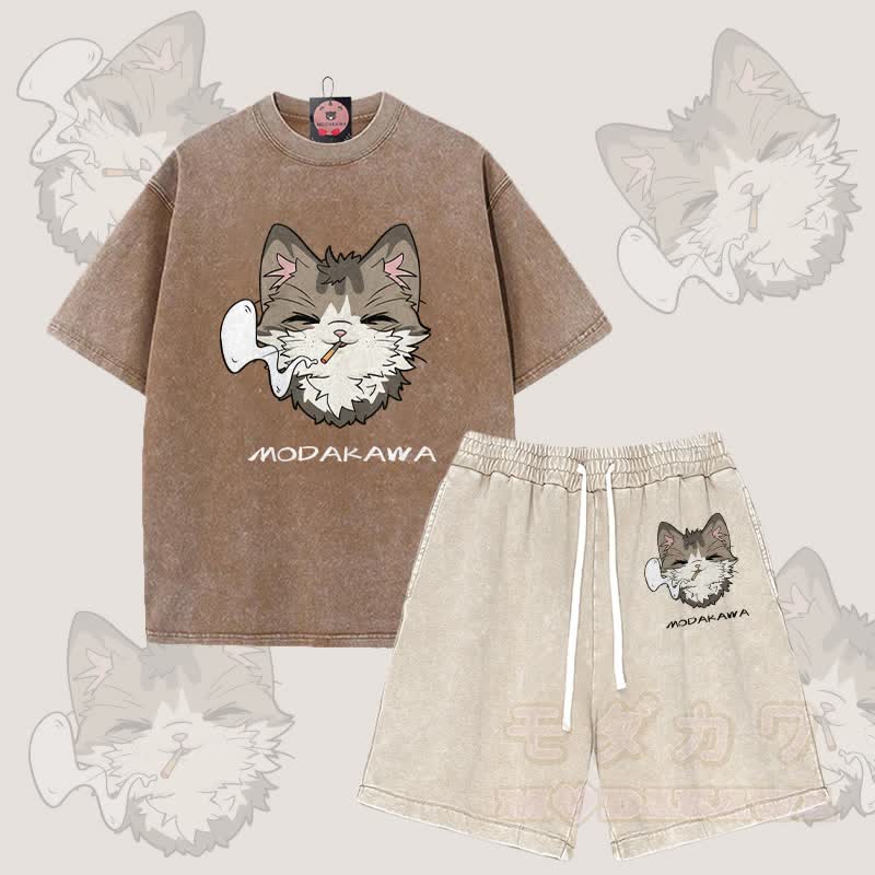 MODAKAWA Smoking Cat Grafik Vintage Washed T-Shirt Shorts Zweiteiliges Set - Braun & Aprikose - 3XL - image 5
