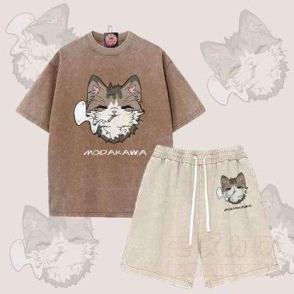 MODAKAWA Smoking Cat Grafik Vintage Washed T-Shirt Shorts Zweiteiliges Set - Braun & Aprikose - 3XL - image 5