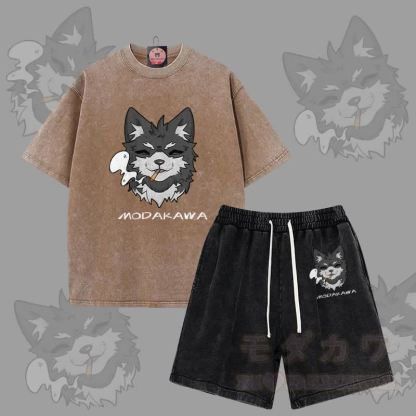 MODAKAWA Smoking Puppy Grafik Vintage Washed T-Shirt Shorts Zweiteiliges Set - Braun & Schwarz - 3XL - image 6