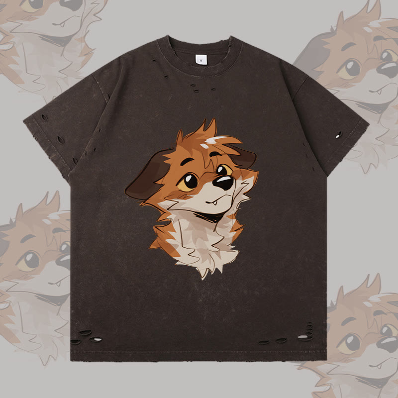 MODAKAWA X atka Anticipating Fox Graphic Ripped T-Shirt - Dark Brown - 2XL - image 2