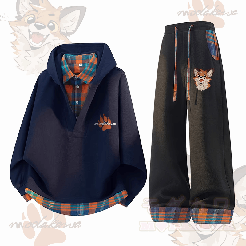 MODAKAWA X atka Cheerful Fox Graphic Plaid Hoodie Pants Two Pieces Set - Purpurblau & Schwarz - 3XL - image 4