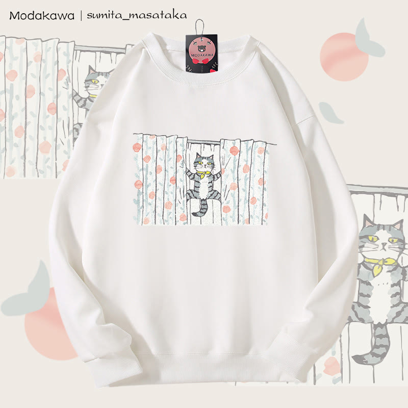 MODAKAWA X sumita_masataka Vorhang Klettern Katze Grafik Unisex Sweatshirt - White - 5XL - image 4