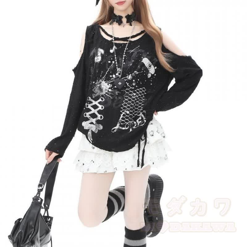 Y2K Langarmshirt mit Graffiti-Print und Cut-outs, schulterfrei - image 5