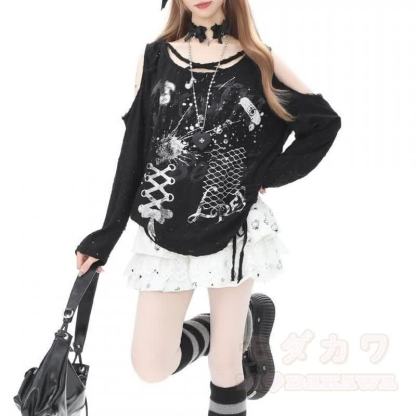 Y2K Langarmshirt mit Graffiti-Print und Cut-outs, schulterfrei - image 5