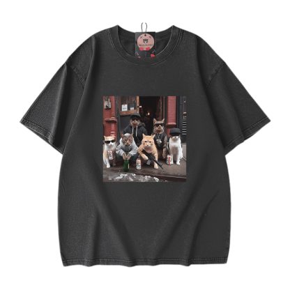 Street Cat Crew Grafik Modakawa Unisex Vintage Washed T-Shirt - Black - 5XL - image 2