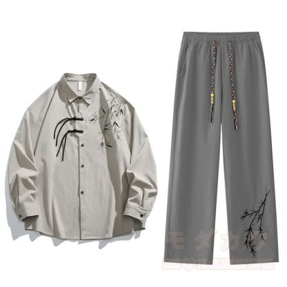 Zweiteiliges Set aus Hemd und Hose im Vintage-Stil mit chinesisch inspiriertem Bambusstickerei-Froschknopfmuster. - Graue Hose - 3XL - image 5