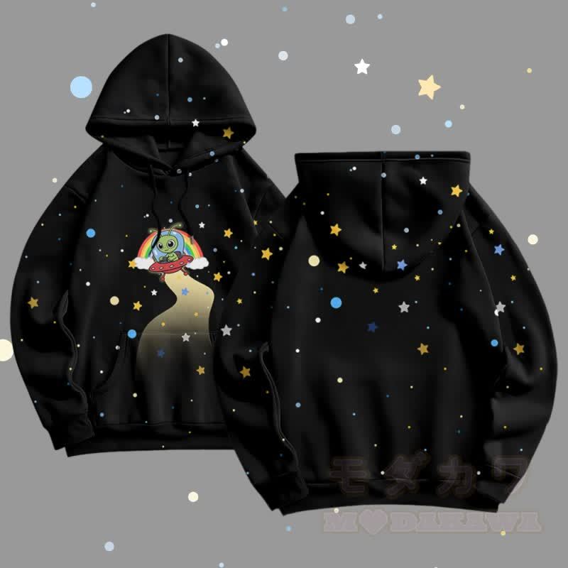 MODAKAWA Pullover-Hoodie mit Sternen-Alien-Grafik-Allover-Print - Schwarz - 5XL - image 3