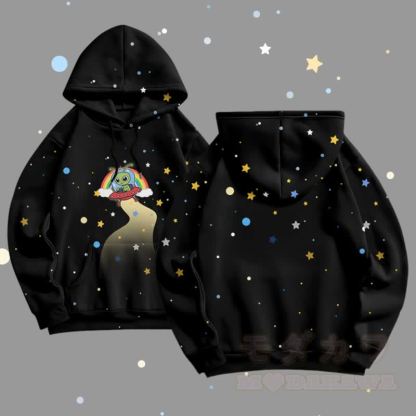 MODAKAWA Pullover-Hoodie mit Sternen-Alien-Grafik-Allover-Print - Schwarz - 5XL - image 3