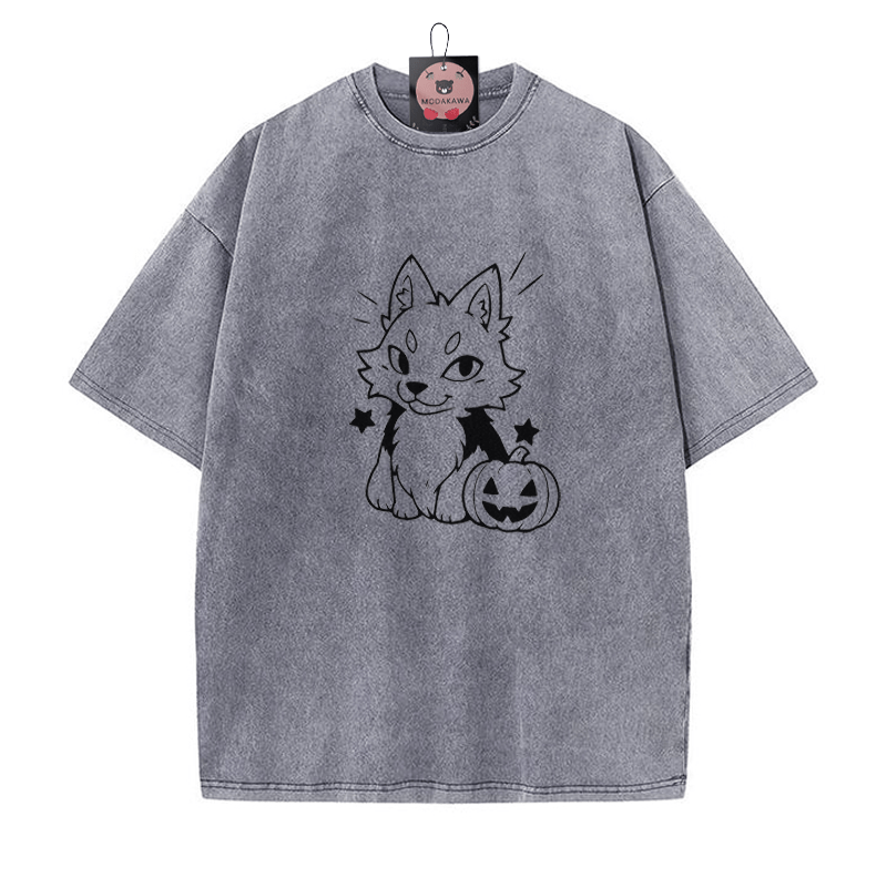 Verspieltes Fuchs-Kürbis-Grafik-Unisex-Vintage-Washed-T-Shirt - Grau - 5XL - image 5