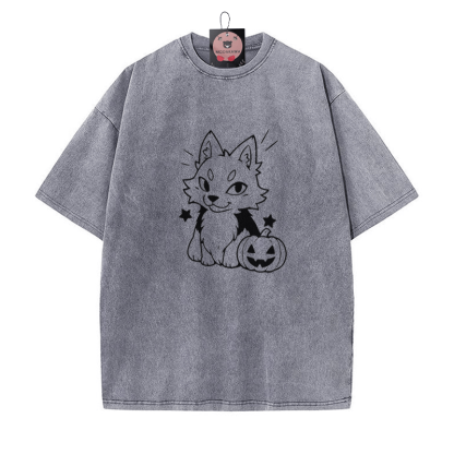 Verspieltes Fuchs-Kürbis-Grafik-Unisex-Vintage-Washed-T-Shirt - Grau - 5XL - image 5