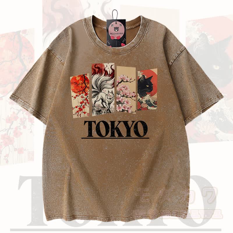 MODAKAWA Vintage TOKYO Fuchs-Kirschblüten-Katzenprint Kurzarm-T-Shirt - Braun - 3XL - image 8