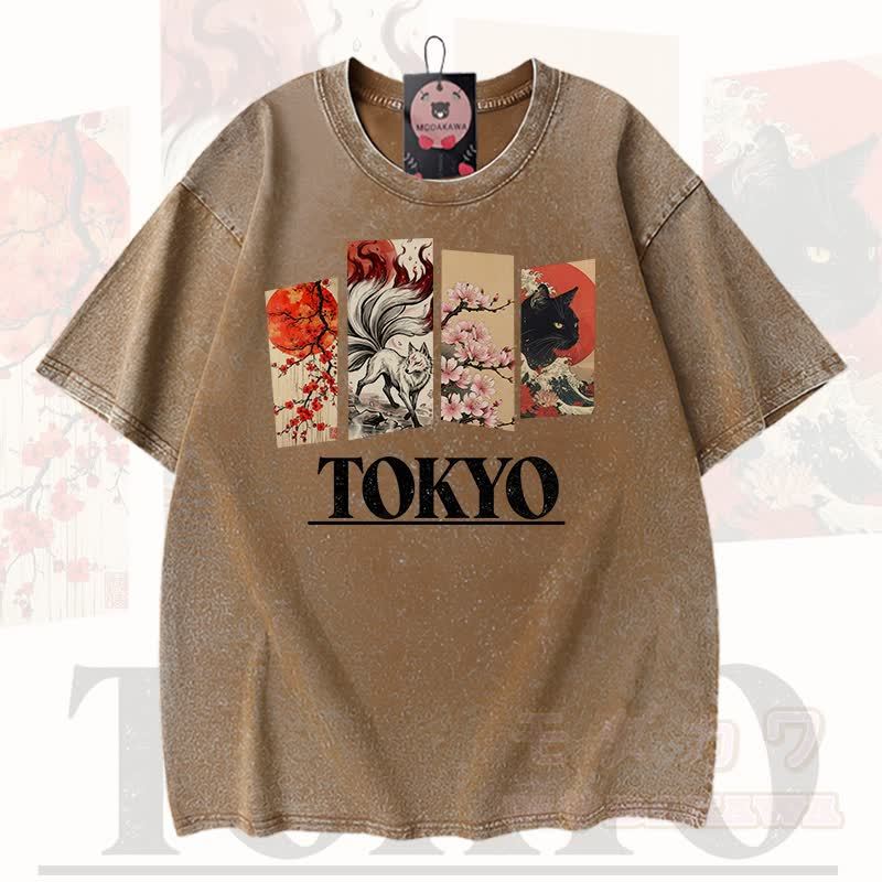 MODAKAWA Vintage TOKYO Fuchs-Kirschblüten-Katzenprint Kurzarm-T-Shirt - Braun - 3XL - image 8