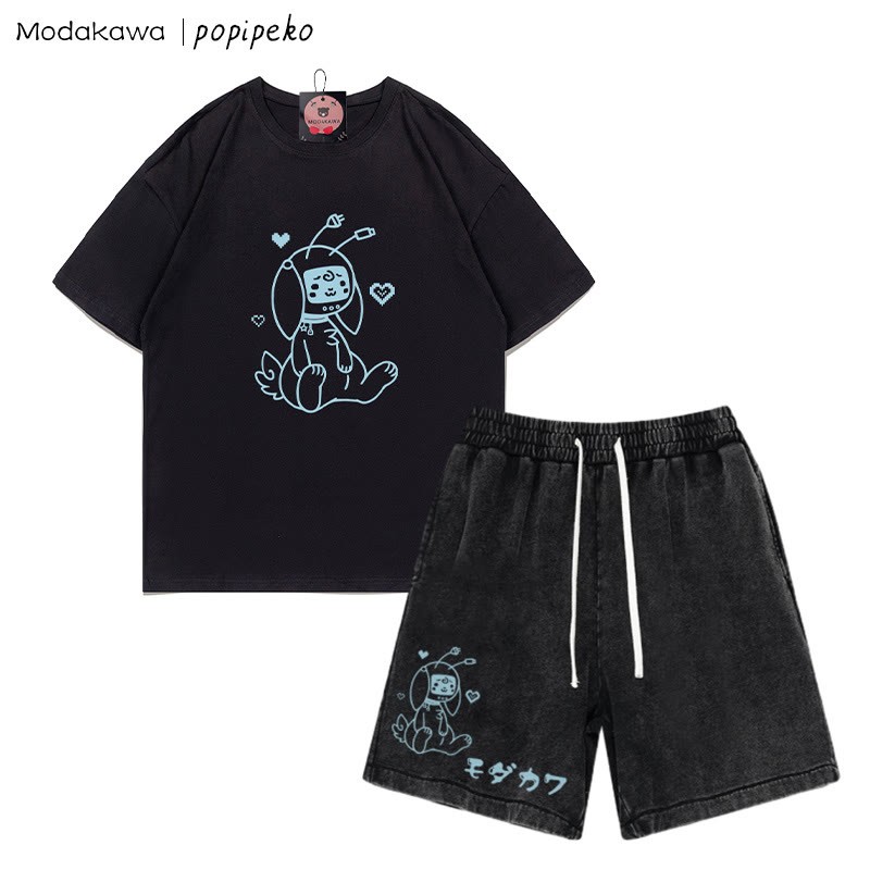 T-Shirt mit Robot Bunny-Grafik und verwaschenen Vintage-Shorts, zweiteiliges Set - Black - 3XL - image 7